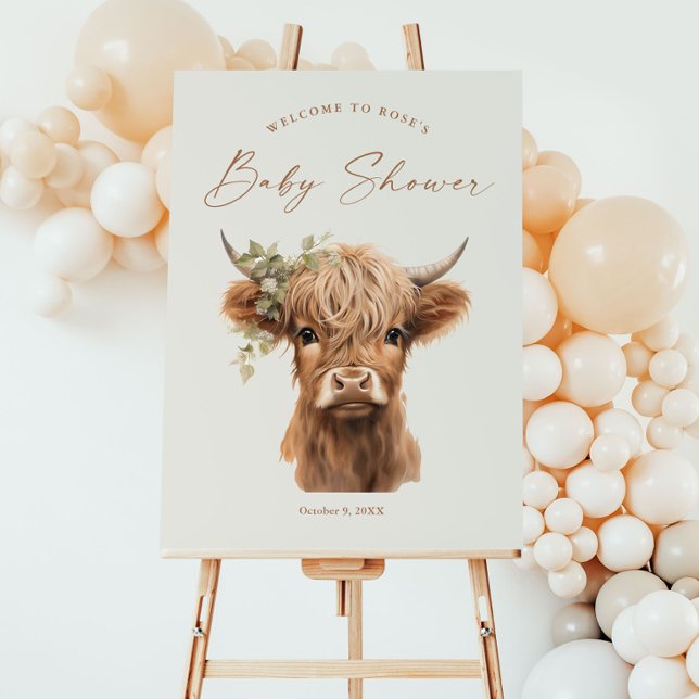 Elegant Boho Highland Cow Baby Shower Välkommen Poster (Boho Highland Cow Script Baby Shower Welcome Sign.)
