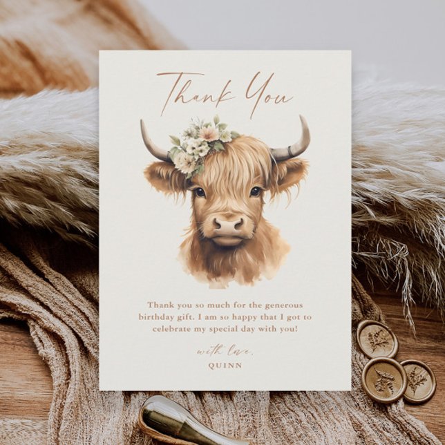 Elegant Boho Highland Cow Barns födelsedag Tack Kort (Boho highland cow script kids thank you card.)