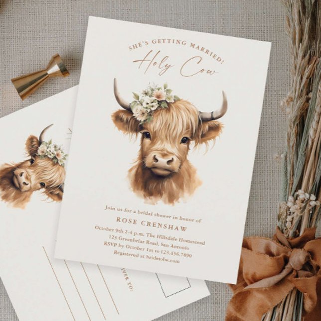 Elegant Boho Highland Cow Bröllopsdusch Vykort (Boho highland cow bridal shower invitaiton postcard.)