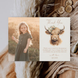 Elegant Boho Highland Cow Kids Photo Birthday Tack Kort