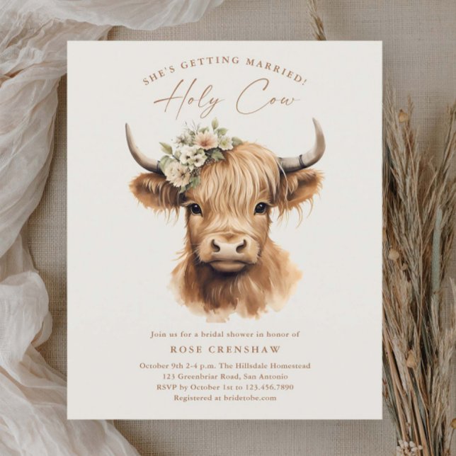 Elegant Boho Highland Cow Möhippa (Elegant boho highland cow budget bridal shower invitations.)