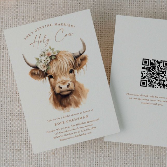 Elegant Boho Highland Cow QR Code Möhippa Inbjudningar (Elegant Highland Cow QR code Bridal Shower Invitations.)