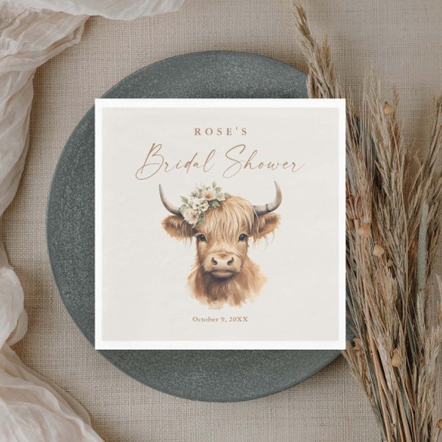 Elegant Boho Highland Ko Bröllopsdusch Pappersservett (Elegant boho highland cow bridal shower napkins.)