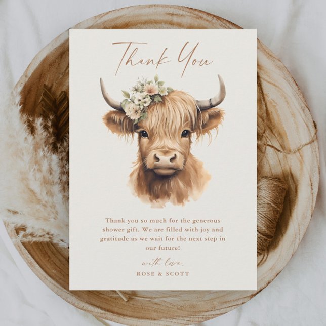 Elegant Boho Highland Ko Bröllopsdusch Tack Kort (Elegant boho highland cow bridal shower thank you card.)