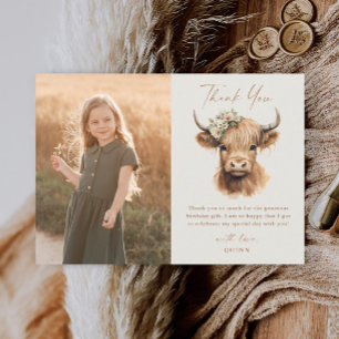 Elegant Boho Highland Ko Kids Foto Födelsedag Tack Kort
