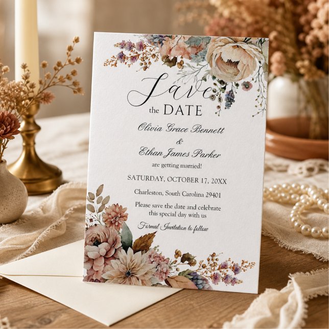 Elegant Boho Höst Blommig Bröllop Spara Datumet (Watercolor Boho Fall floral wedding save the date invitation)
