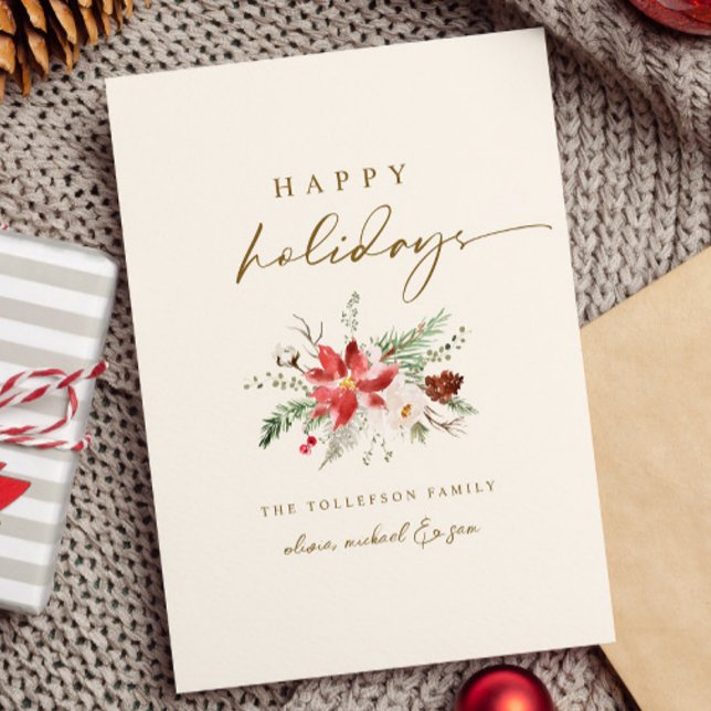 Elegant Boho jul Bouquet delikat Julkort (Simple boho elegant christmas card - gold and cream - poinsettia floral bouquet greenery)