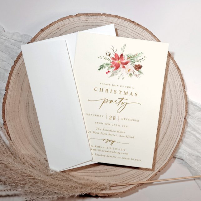 Elegant Boho julfestinladning krämgul guld Inbjudningar (Boho Christmas party invitations - elegant cream poinsettia)