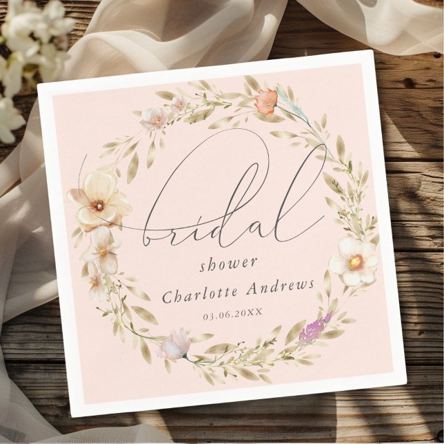 Elegant, boho krans, handskriven Bröllopsfest Pappersservett (Personalized, elegant, boho wreath, handwriting Bridal Shower Napkins)