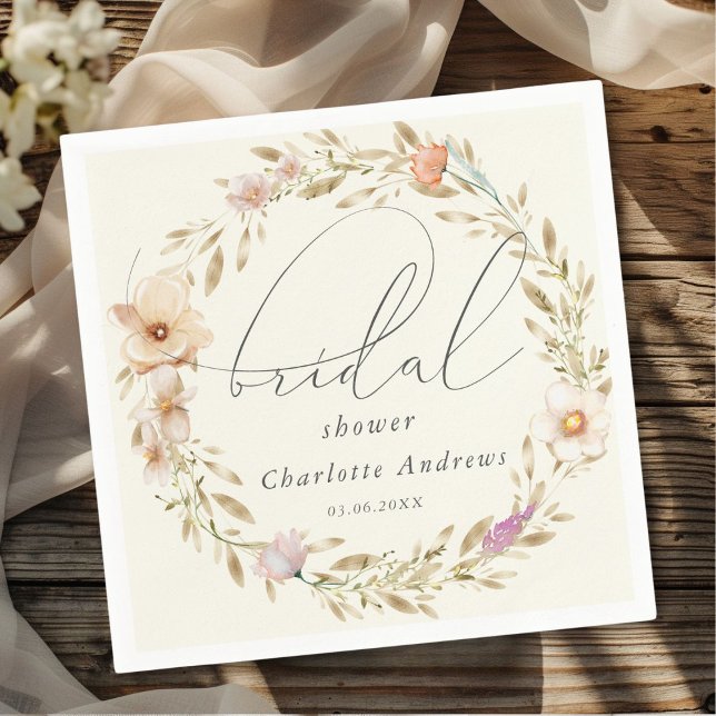 Elegant, boho krans, handskriven Bröllopsfest Pappersservett (Personalized, elegant, boho wreath, handwriting Bridal Shower Napkins)