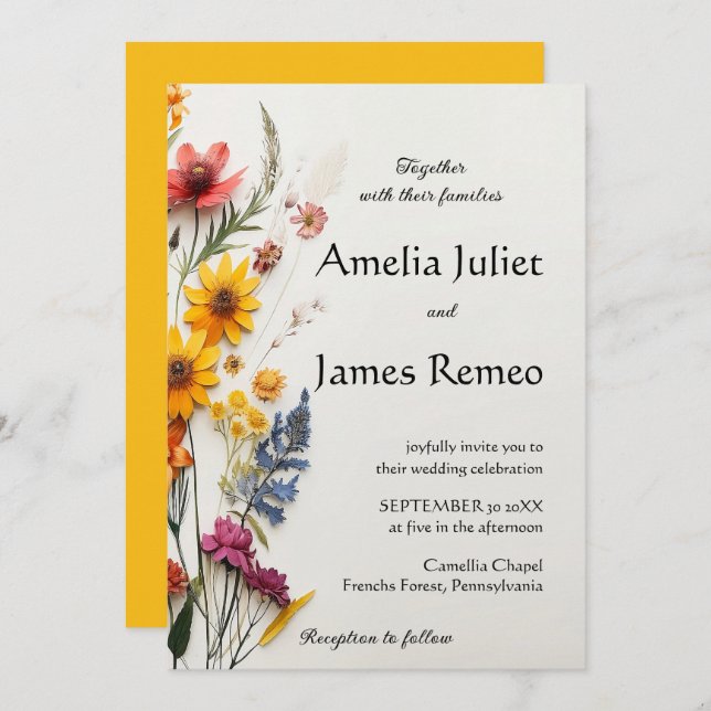 Elegant Boho Land Vild Flowers Bröllop Inbjudningar (Fram/baksida)