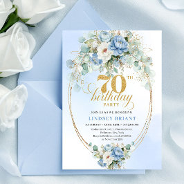 Elegant Boho Light Blue Flowers Gold 70th Birthday Inbjudningar