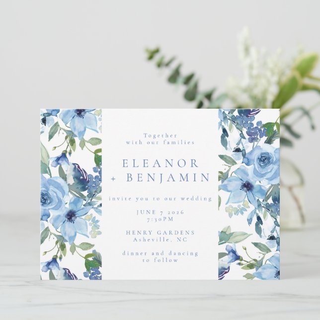 Elegant Boho Light Blue Watercolor Blommigt Bröllo Inbjudningar (Stående Fram)