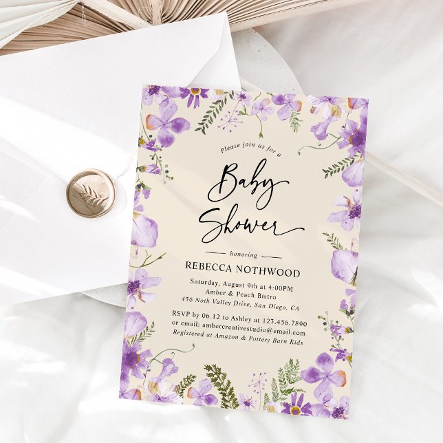 Elegant Boho Lila Blommigt Girl Baby Shower Inbjudningar (Skapare uppladdad)