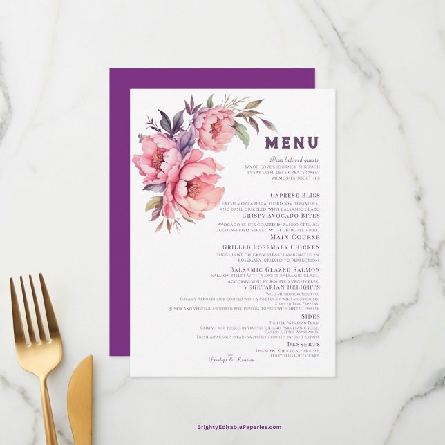 Elegant Boho Lila Peony Bröllop Menu Meny (A Symphony of Flavor with our Elegant Purple Peony Wedding Menu.)