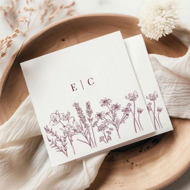 Elegant Boho Lila Wildblomma Initial Bröllop Pappersservett (Skapare uppladdad)