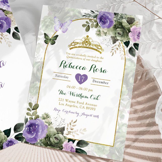 Elegant Boho Lilac Lila Sage Grönt Quinceañera Inbjudningar (Skapare uppladdad)