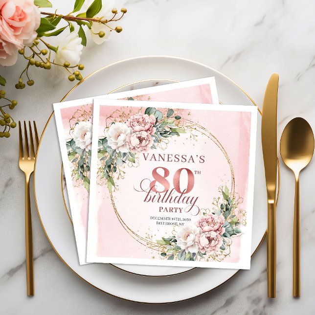 Elegant Boho Ljus Rosa Blommig 80-årsfest Pappersservett (Elegant Light Pink Floral 80th Birthday Party Napkins)