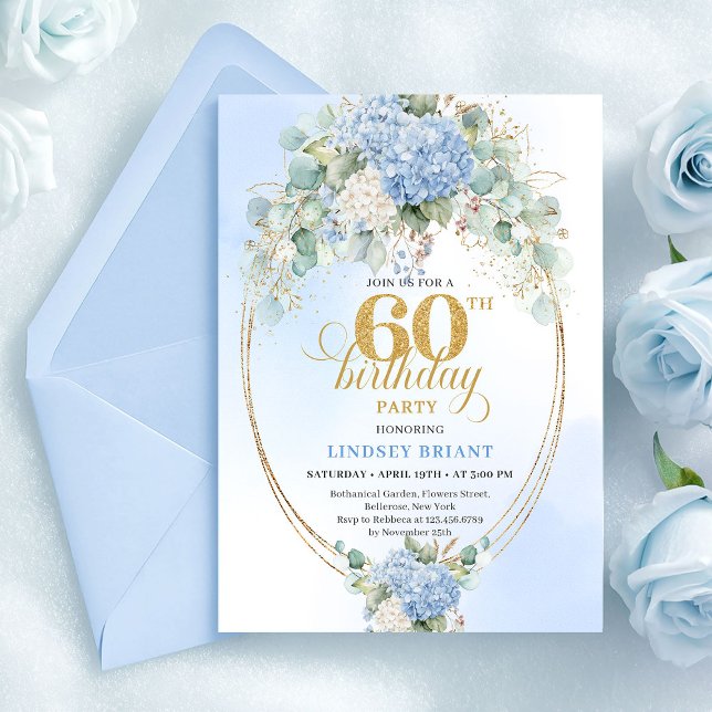 Elegant Boho Ljusblå Hortensia 60-årsfirande Inbjudningar (Elegant Boho Light Blue Hydrangea 60th Birthday)