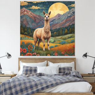 Elegant boho llama alpaca vintage liggande canvastryck