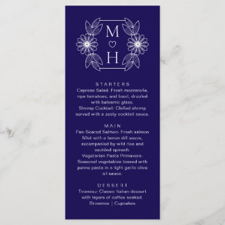 Elegant Boho Löv Monogram Blue och White Bröllop Meny
