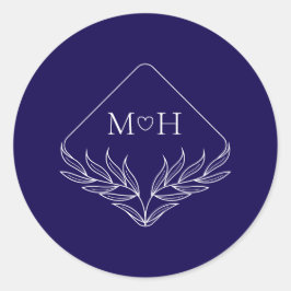 Elegant Boho Löv Monogram Mörk blått Bröllop Runt Klistermärke
