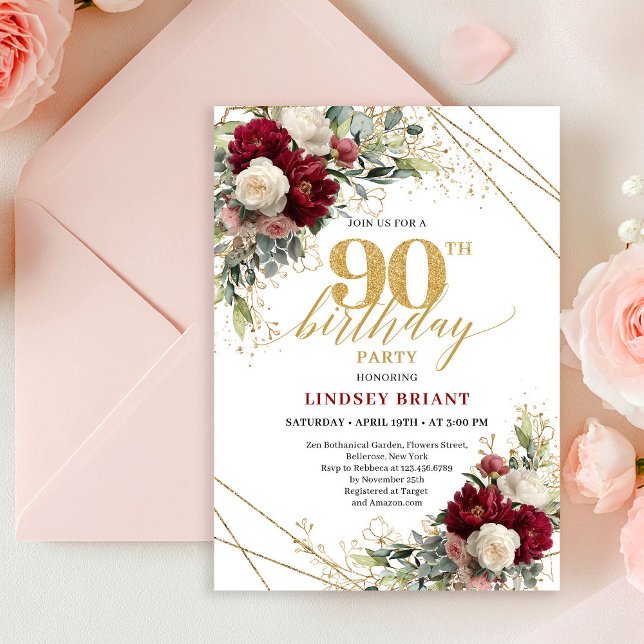 Elegant Boho Maroon White Roses Gold 90th Birthday Inbjudningar (Elegant Maroon White Roses Gold 90th Birthday Invite)