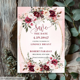 Elegant Boho Marsala Blush Gold Floral Save Date Inbjudningar