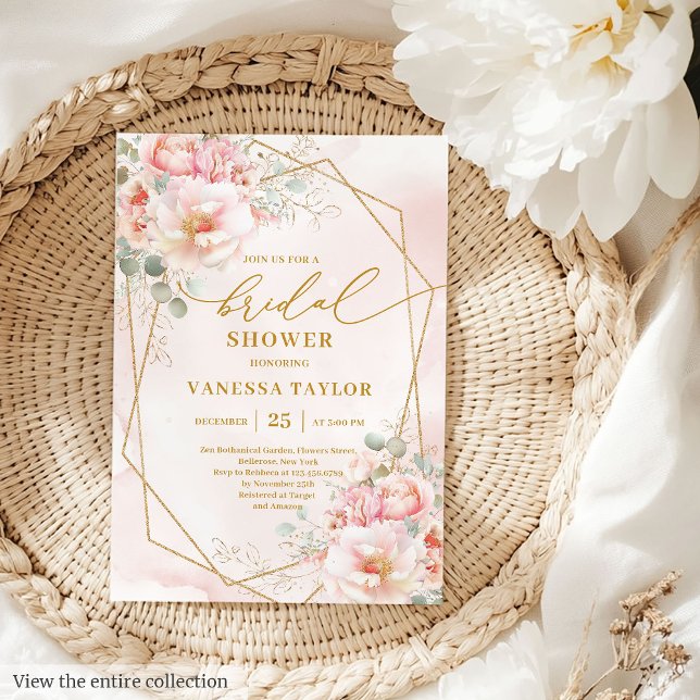 Elegant Boho  Möhippan Guld Ram Inbjudan (Elegant Boho Blush Gold Frame Bridal Shower Invitation)