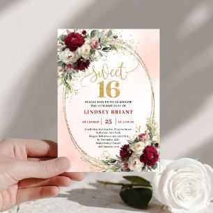 Elegant Boho Mörkröd Guld Blommig Sweet Sixteen Inbjudningar