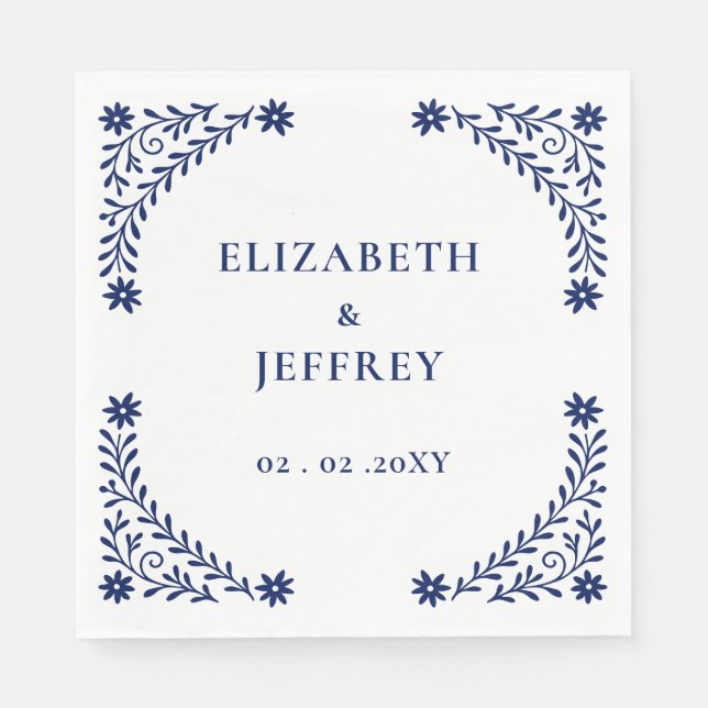 Elegant Boho Navy Blommigt Bröllop Pappersservett (Framsidan)