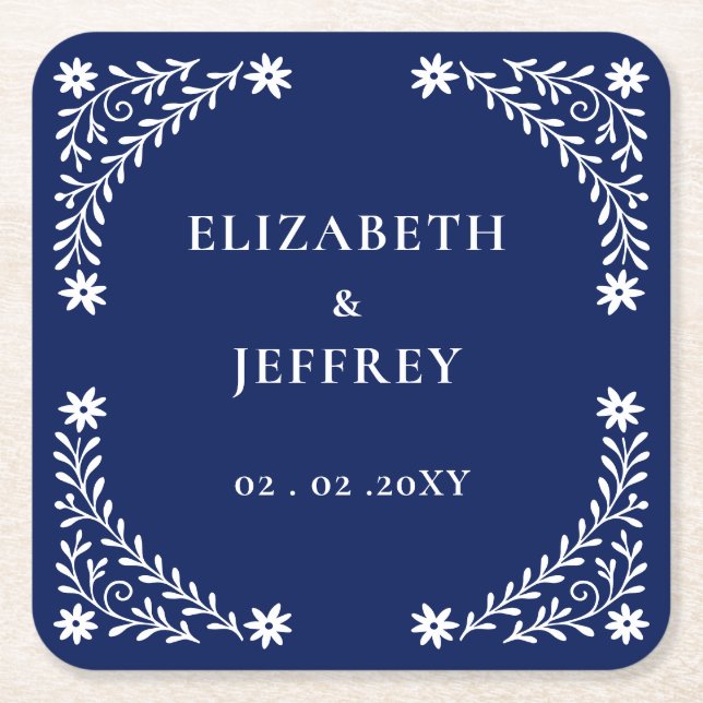 Elegant Boho Navy Blommigt Bröllop Underlägg Papper Kvadrat (Framsidan)