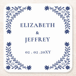 Elegant Boho Navy Blommigt Bröllop Underlägg Papper Kvadrat