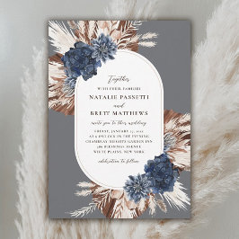 Elegant Boho Navy och Brown Blommigts Oval Bröllop Inbjudningar
