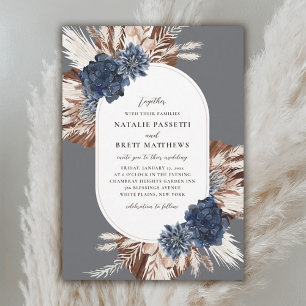 Elegant Boho Navy och Brown Blommigts Oval Bröllop Inbjudningar