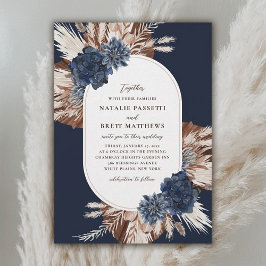 Elegant Boho Navy och Brown Blommigts Oval Bröllop Inbjudningar