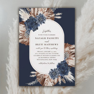 Elegant Boho Navy och Brown Blommigts Oval Bröllop Inbjudningar