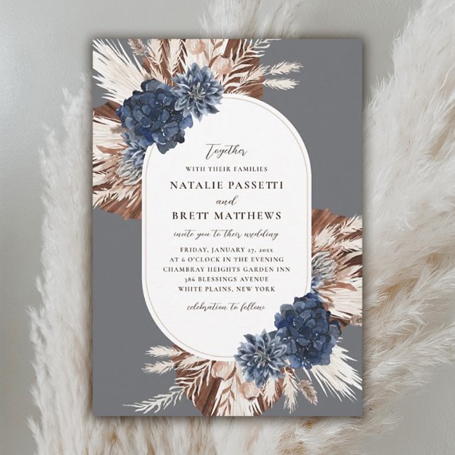 Elegant Boho Navy och Brown Blommigts Oval Bröllop Inbjudningar (Skapare uppladdad)