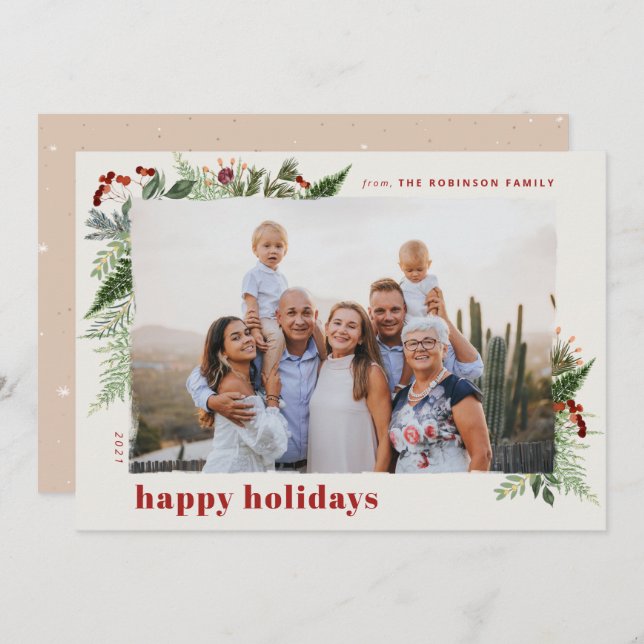 Elegant Boho Neutral Burgunder Vattenfärg Grönska Julkort (Fram/baksida)