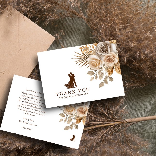 Elegant Boho Neutrala Blommiga Accenter Bröllop Tack Kort (Skapare uppladdad)
