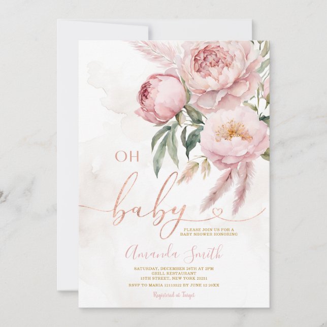 Elegant Boho Oh Baby Rosa ros Flower Baby Shower Inbjudningar (Framsida)