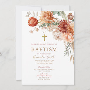 Elegant Boho Orange Blommigt Baptism Christening Inbjudningar