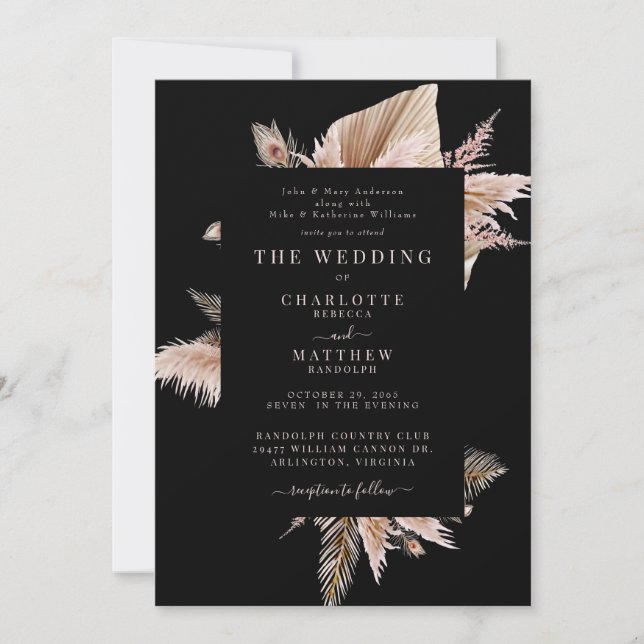 Elegant Boho Pampas Black Wedding bjudande Inbjudningar (Framsida)