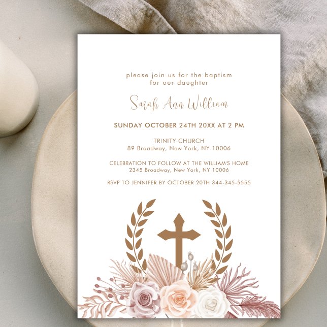 Elegant Boho Pampas Blommigt Kor Utandning Baptism Inbjudningar (Elegant Boho Pampas Floral Cross Wreath Baptism Invitation)