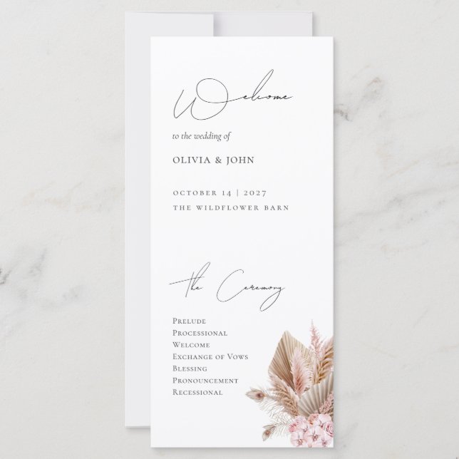 Elegant Boho Pampas Gräs Bröllopsprogram (Framsida)