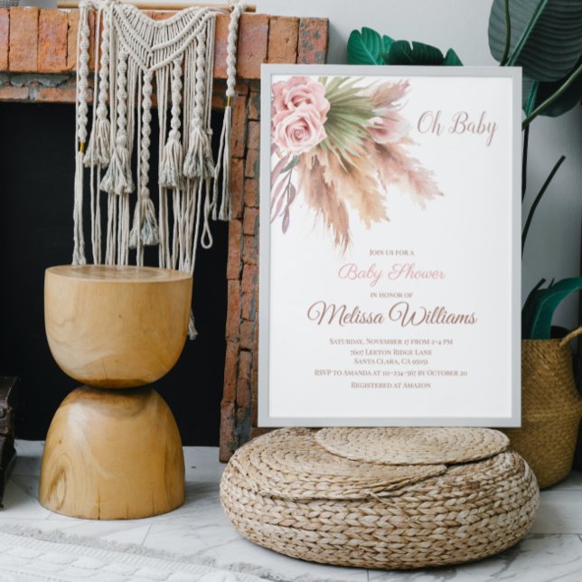 Elegant Boho Pampas Gräs Dammtrosa Baby Shower Inbjudningar (Skapare uppladdad)