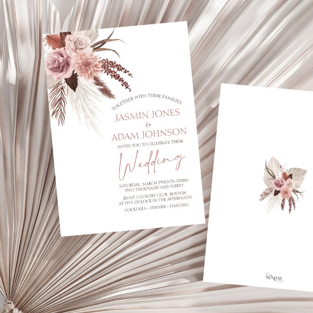Elegant Boho Pampas Grass Terracotta Bröllop Inbjudningar (Boho Dusty Pink Dried Flowers Pampas Grass Wedding Invitation)