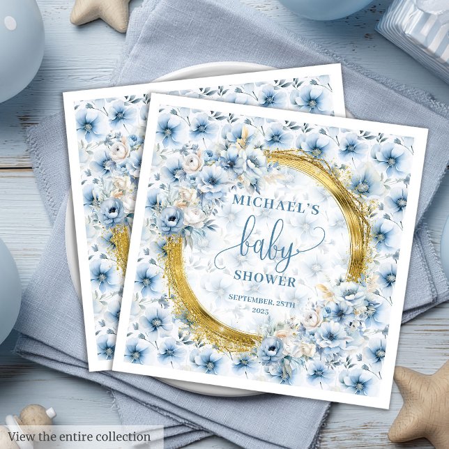 Elegant boho pastel blåa blommor guld babydusch pappersservett (Elegant boho pastel blue flowers gold baby shower Paper Dinner Napkins)