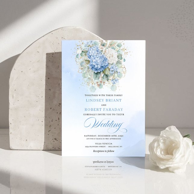 Elegant Boho Pastel Blue Hydrangea Wedding Invite Inbjudningar (Elegant Boho Pastel Blue Hydrangea Wedding Invitation)