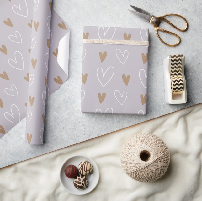 Elegant Boho Pastel Hearts Grått Guld Gift Presentpapper (Hantverk)